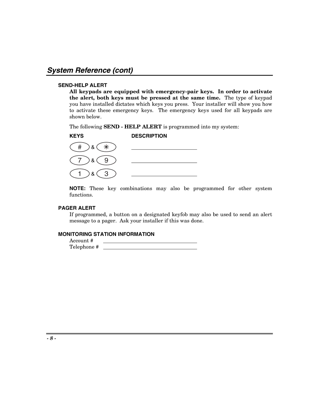 Honeywell 400, 600, 624, 848 System Reference, SEND-HELP Alert, Keysdescription, Pager Alert, Monitoring Station Information 