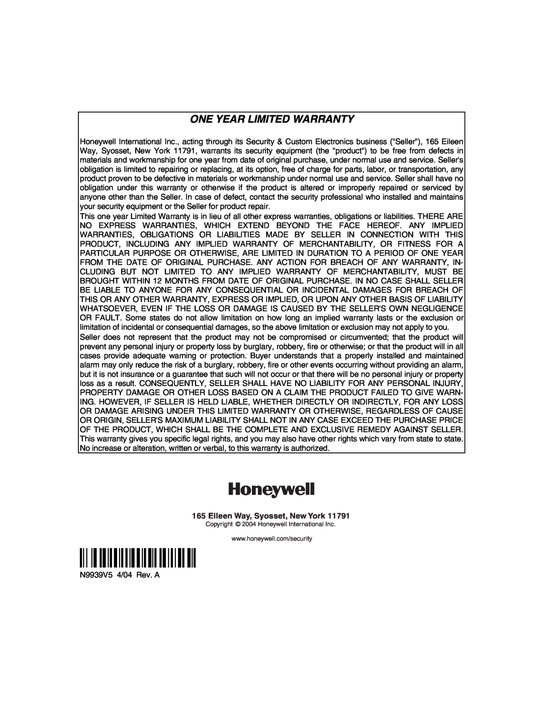 Honeywell 400, 600, 624, 848 manual ÊN9939V54Š, One Year Limited Warranty 