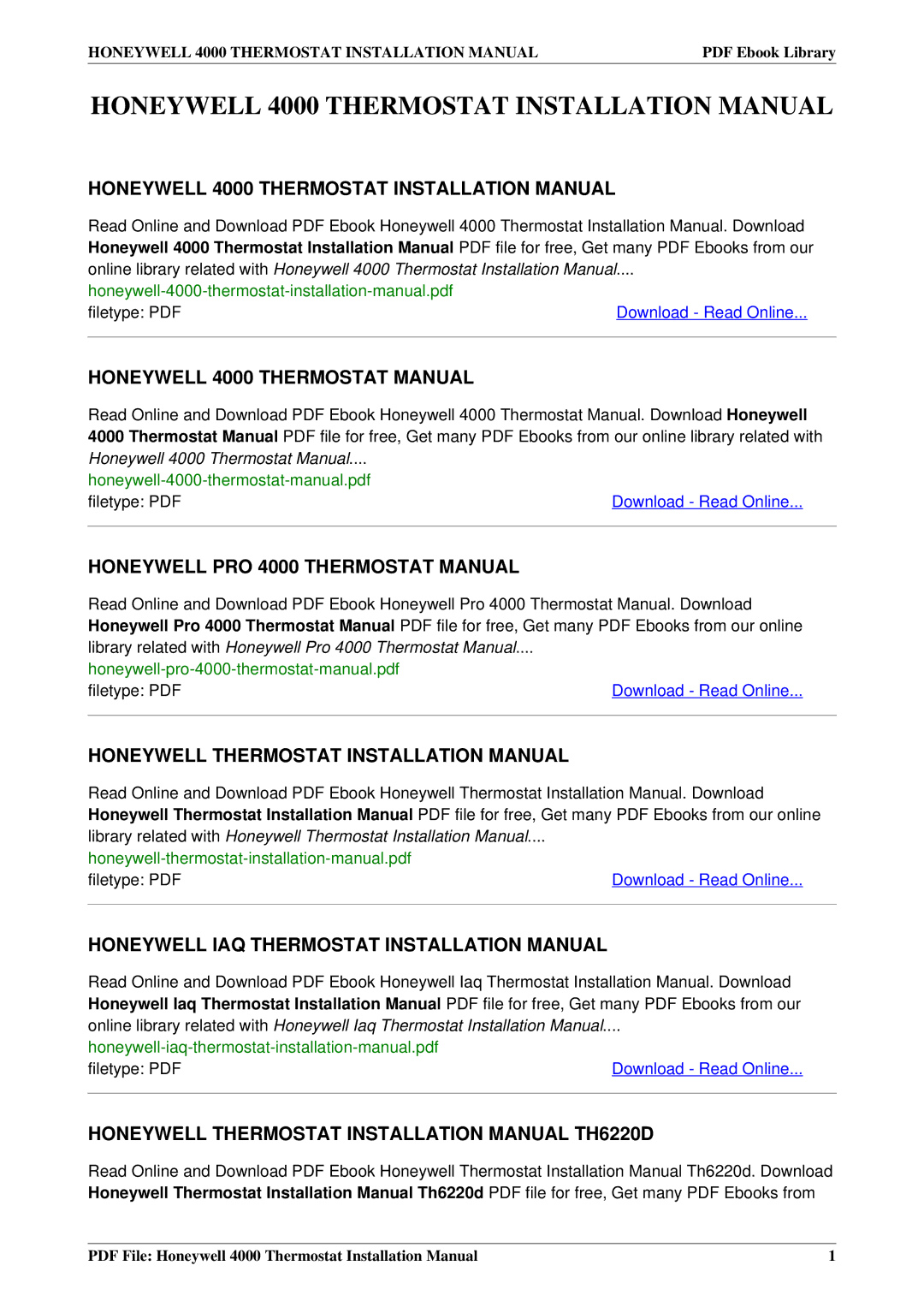 Honeywell installation manual Honeywell 4000 Thermostat Installation Manual, Honeywell 4000 Thermostat Manual 