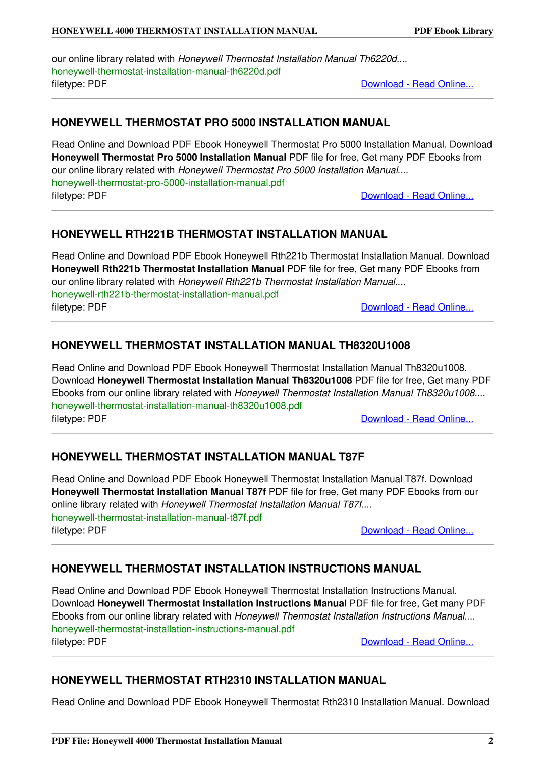 Honeywell 4000 Honeywell Thermostat Installation Manual TH8320U1008, Honeywell Thermostat Installation Manual T87F 