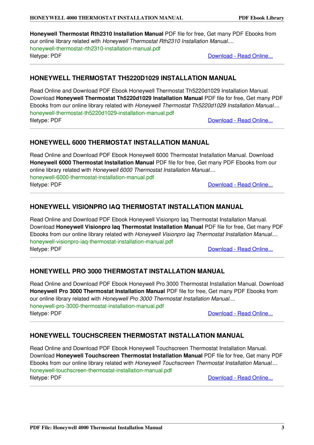 Honeywell 4000 Honeywell Thermostat TH5220D1029 Installation Manual, Honeywell 6000 Thermostat Installation Manual 