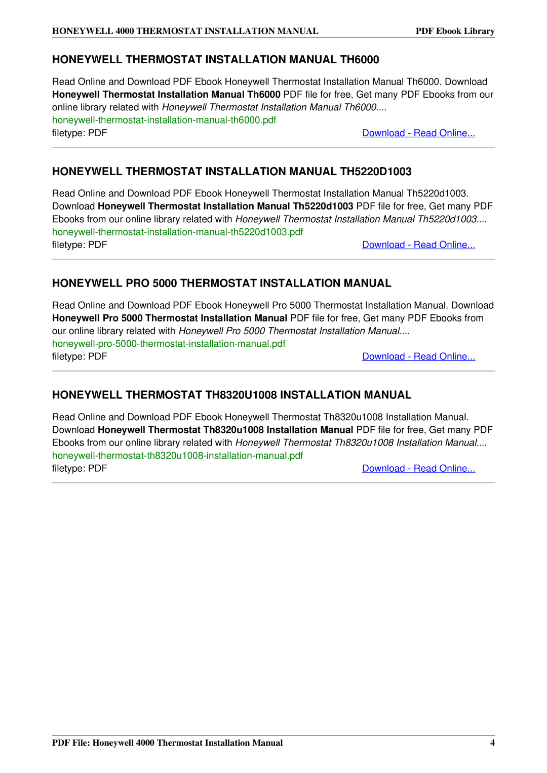 Honeywell 4000 Honeywell Thermostat Installation Manual TH6000, Honeywell Thermostat TH8320U1008 Installation Manual 