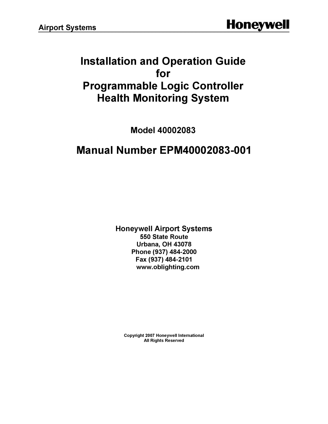 Honeywell installation and operation guide Manual Number EPM40002083-001, State Route Urbana, OH Phone 937 Fax 937 