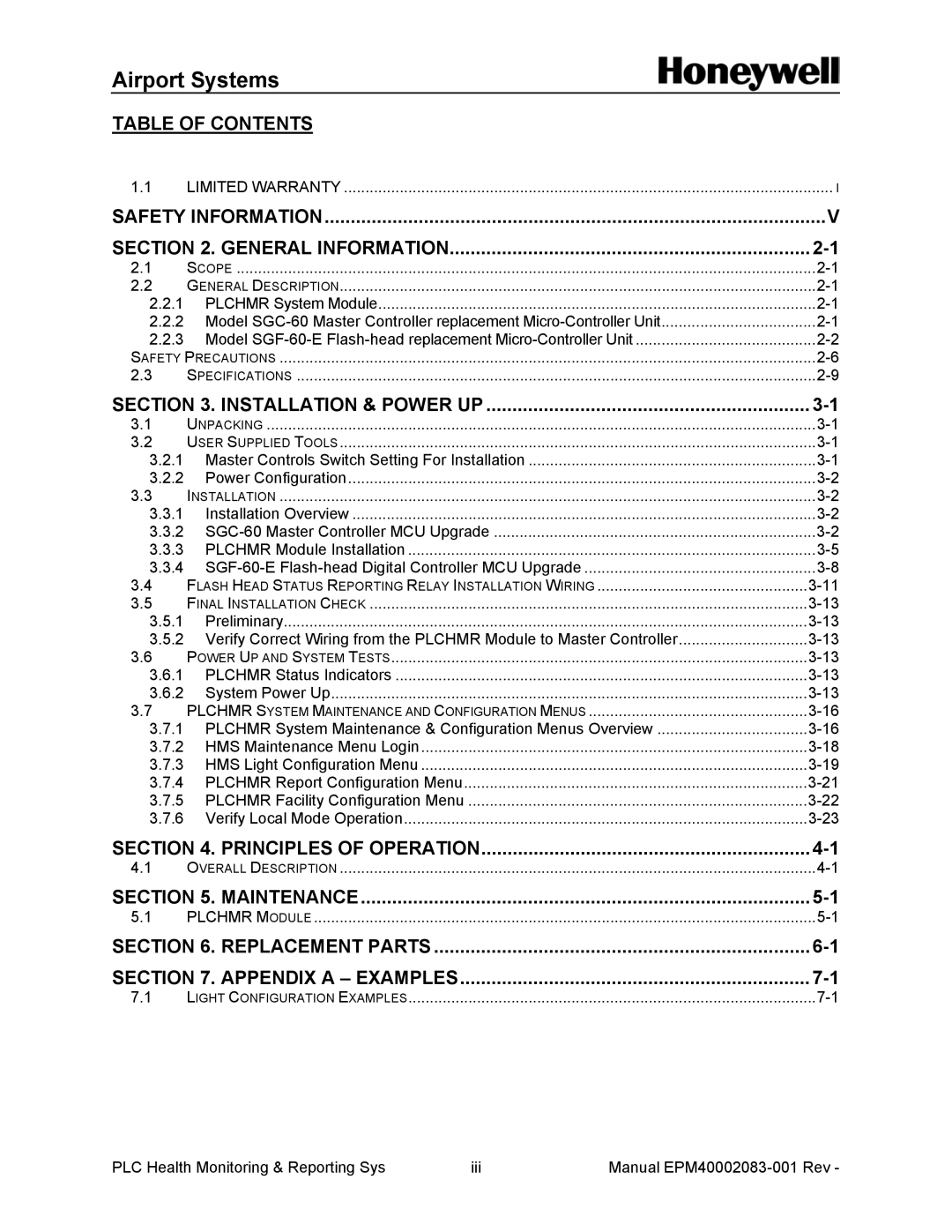 Honeywell 40002083 Table of Contents, Safety Information General Information, Installation & Power UP, Maintenance 