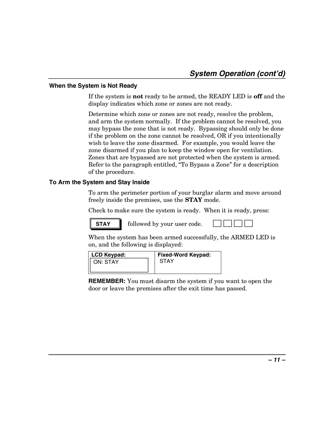 Honeywell 408EU manual System Operation cont’d, When the System is Not Ready, To Arm the System and Stay Inside 