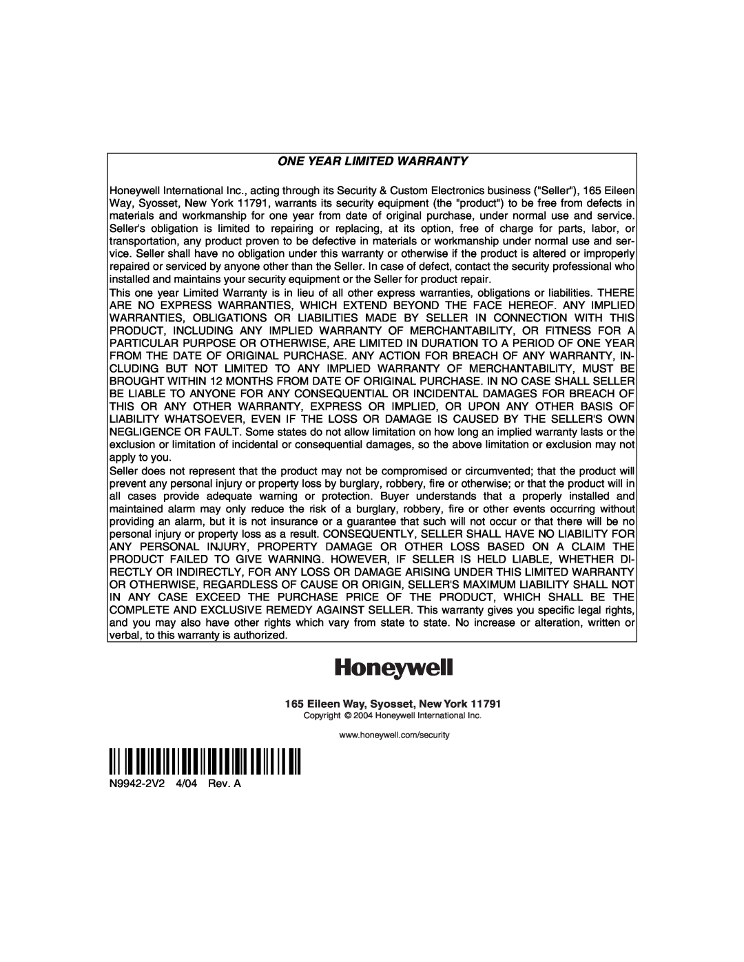 Honeywell 408EU manual ÊN9942-2V2ÁŠ, One Year Limited Warranty, Eileen Way, Syosset, New York 