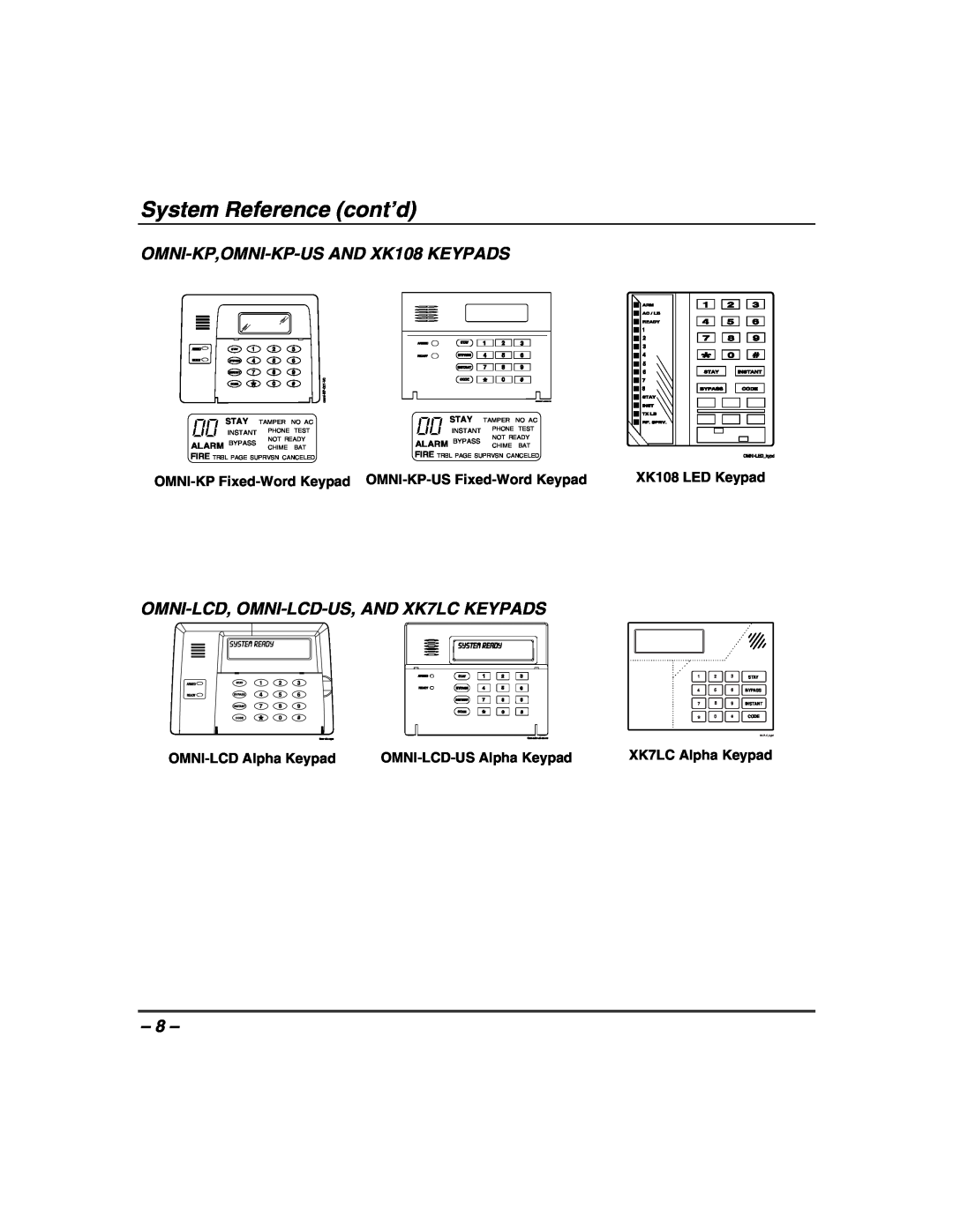 Honeywell 408 System Reference cont’d, OMNI-KP,OMNI-KP-USAND XK108 KEYPADS, OMNI-LCD, OMNI-LCD-US,AND XK7LC KEYPADS, Stay 