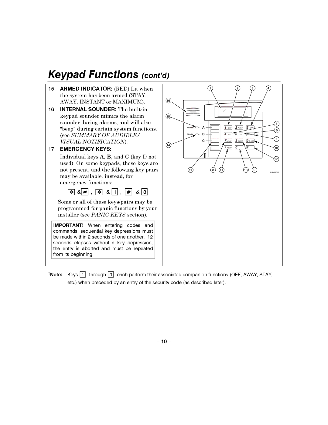 Honeywell 4110XM manual Keypad Functions cont’d, Emergency Keys 