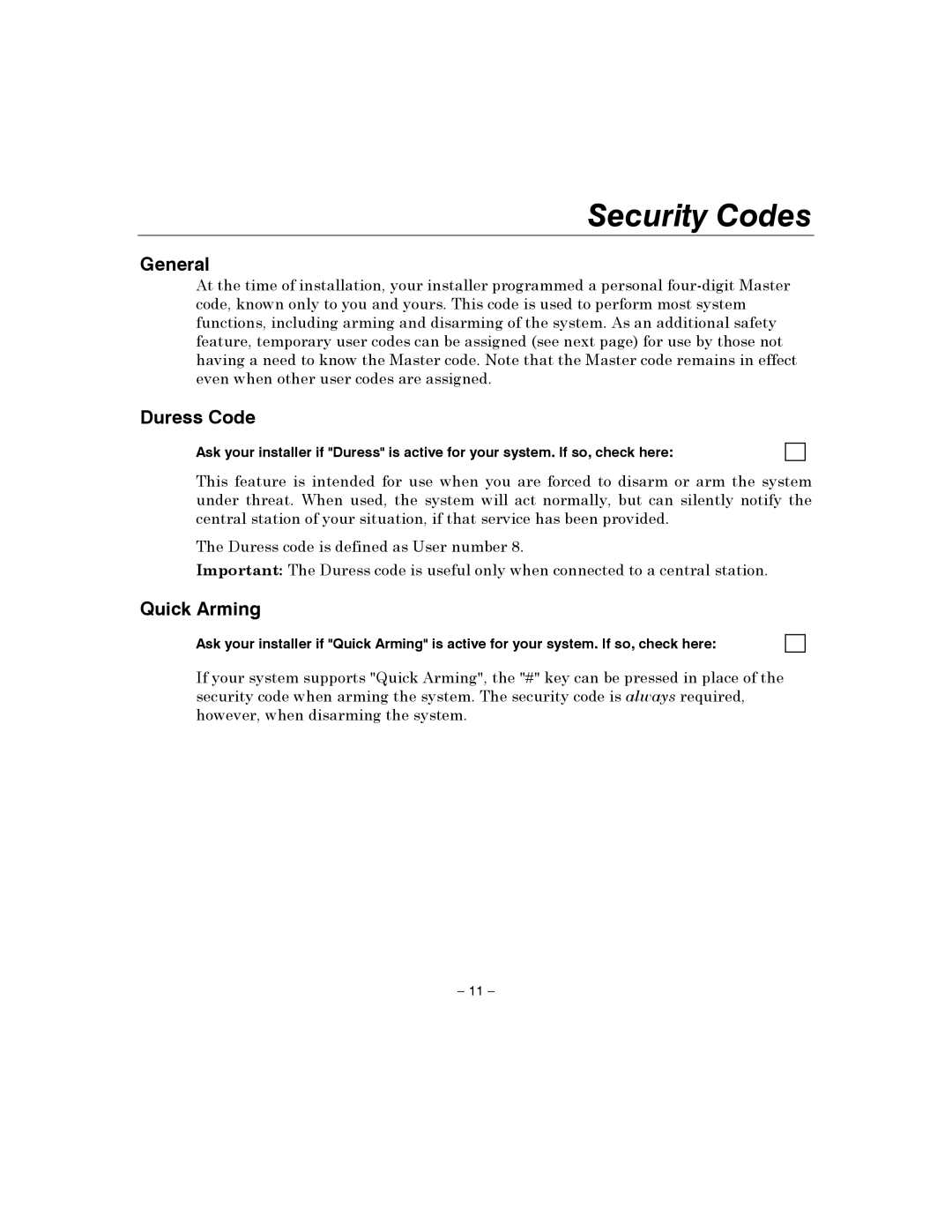 Honeywell 4110XM manual Security Codes, Duress Code, Quick Arming 