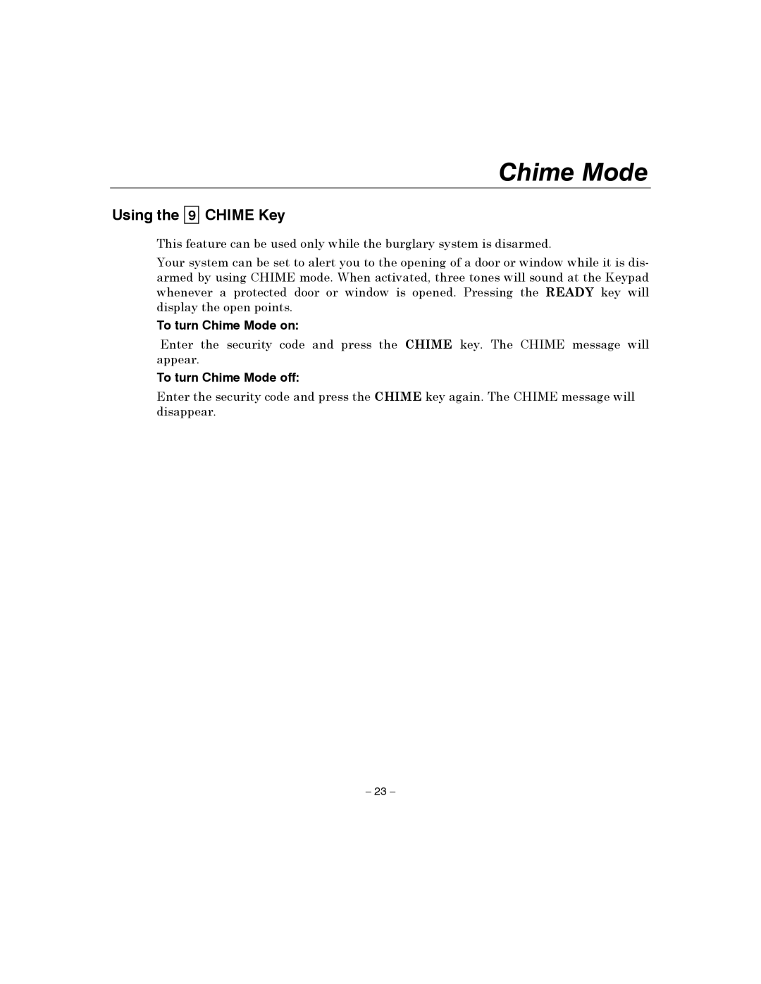 Honeywell 4110XM manual Chime Mode, Using Chime Key 