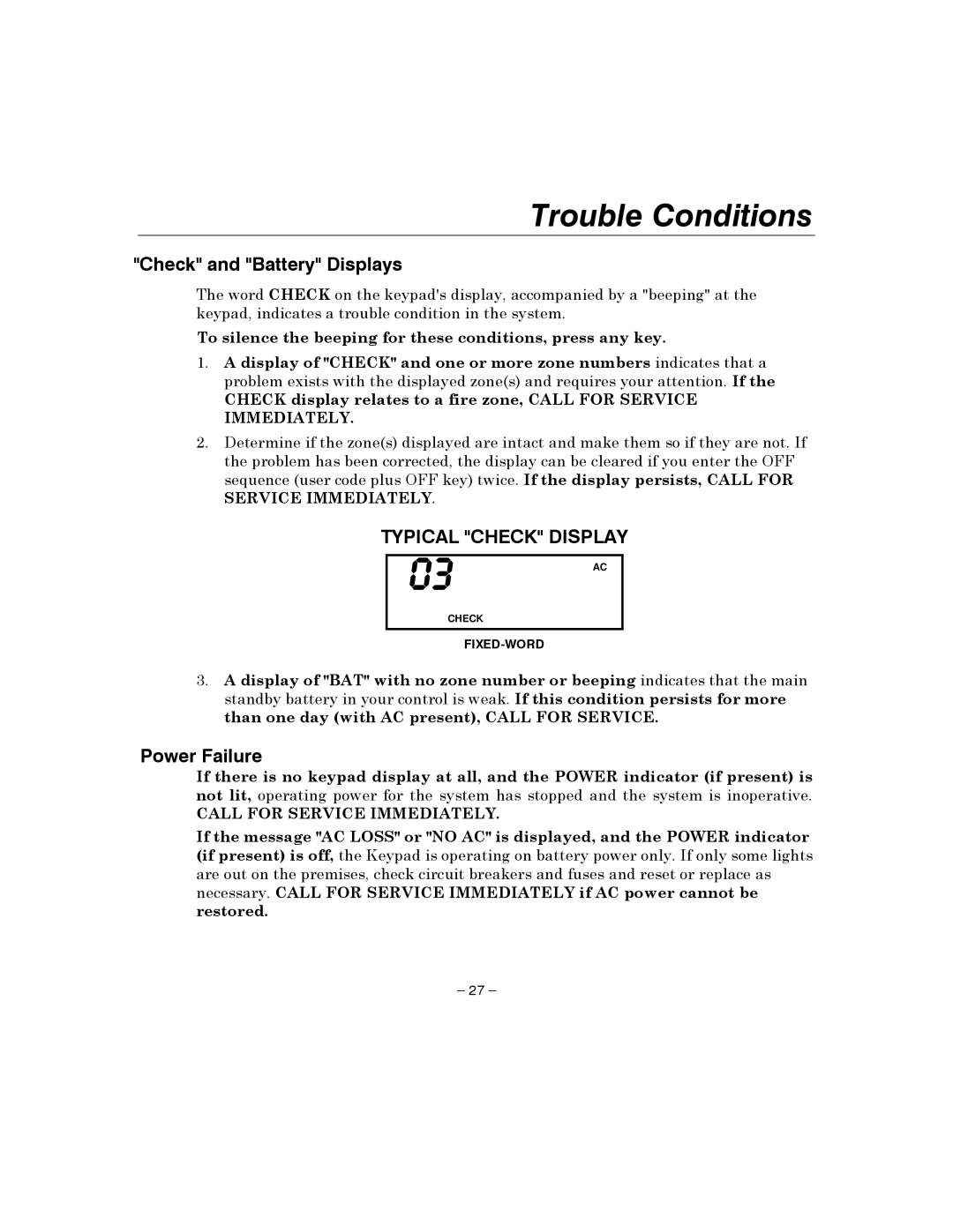 Honeywell 4110XM manual Trouble Conditions, Check and Battery Displays, Power Failure 