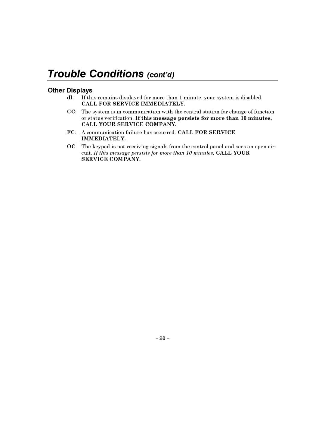 Honeywell 4110XM manual Trouble Conditions cont’d, Other Displays 