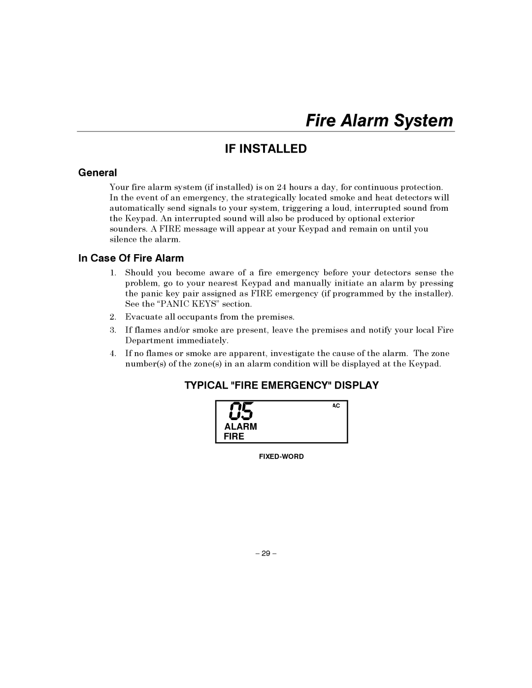 Honeywell 4110XM manual Fire Alarm System, If Installed, Case Of Fire Alarm 