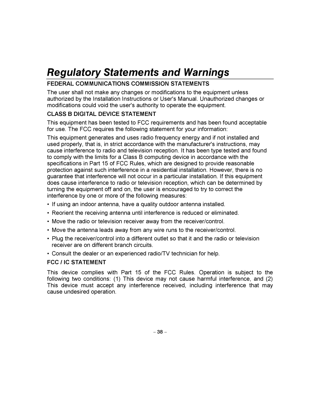 Honeywell 4110XM manual Regulatory Statements and Warnings, FCC / IC Statement 