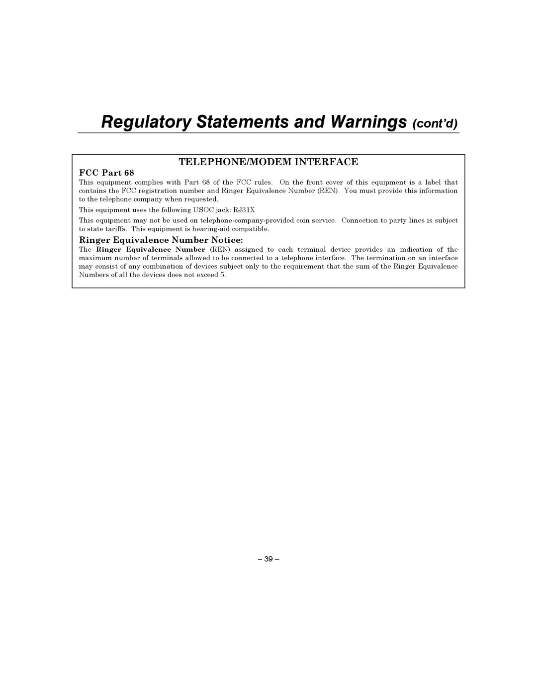 Honeywell 4110XM manual Regulatory Statements and Warnings cont’d, TELEPHONE/MODEM Interface 