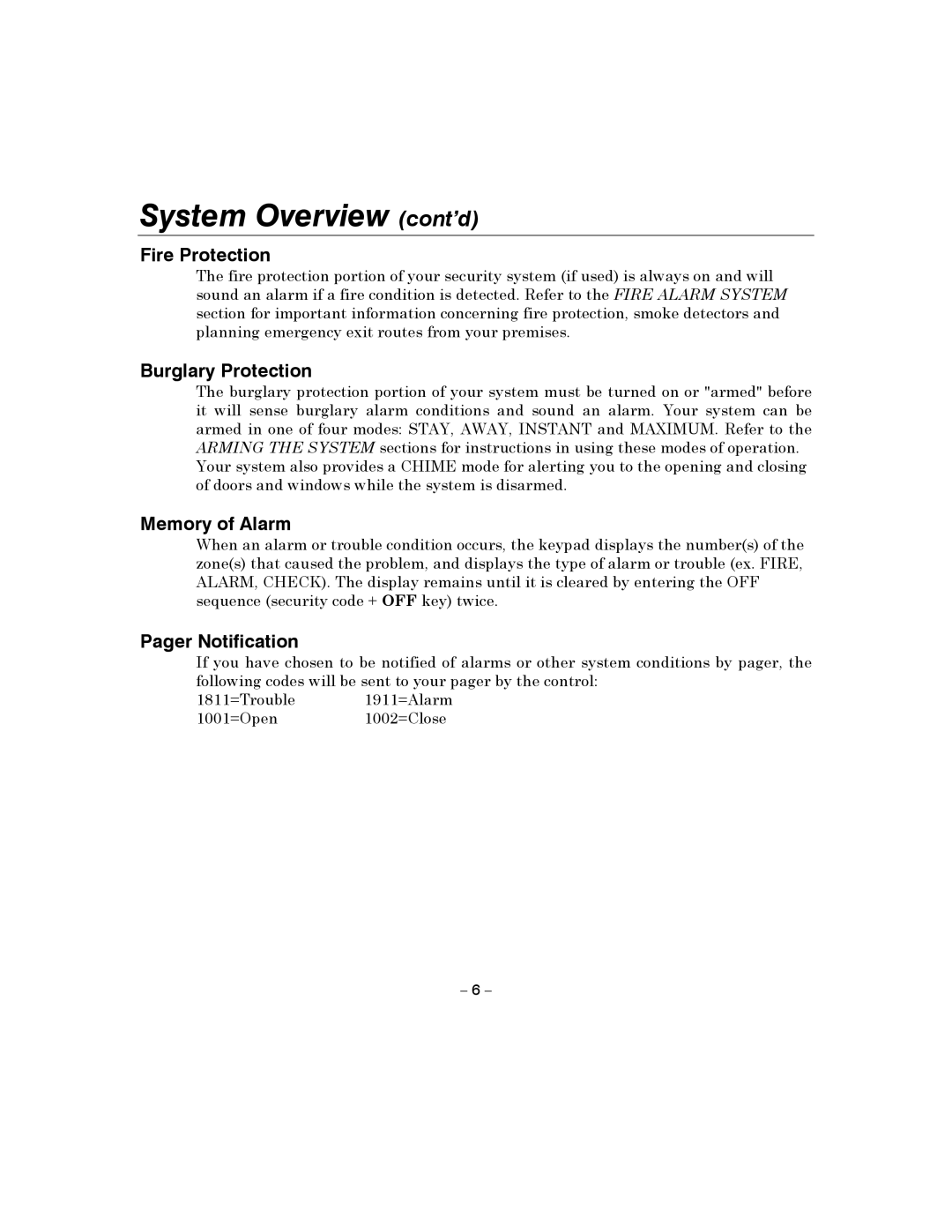 Honeywell 4110XM manual System Overview cont’d, Fire Protection, Burglary Protection, Memory of Alarm, Pager Notification 