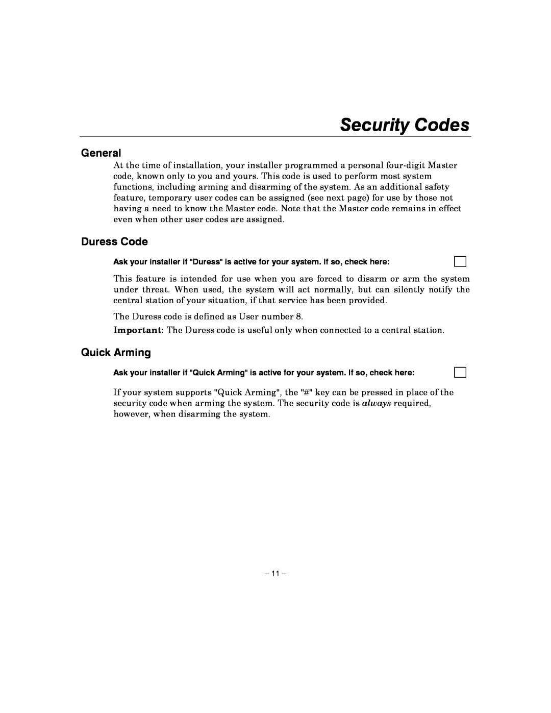 Honeywell 4110XM manual Security Codes, Duress Code, Quick Arming, General 