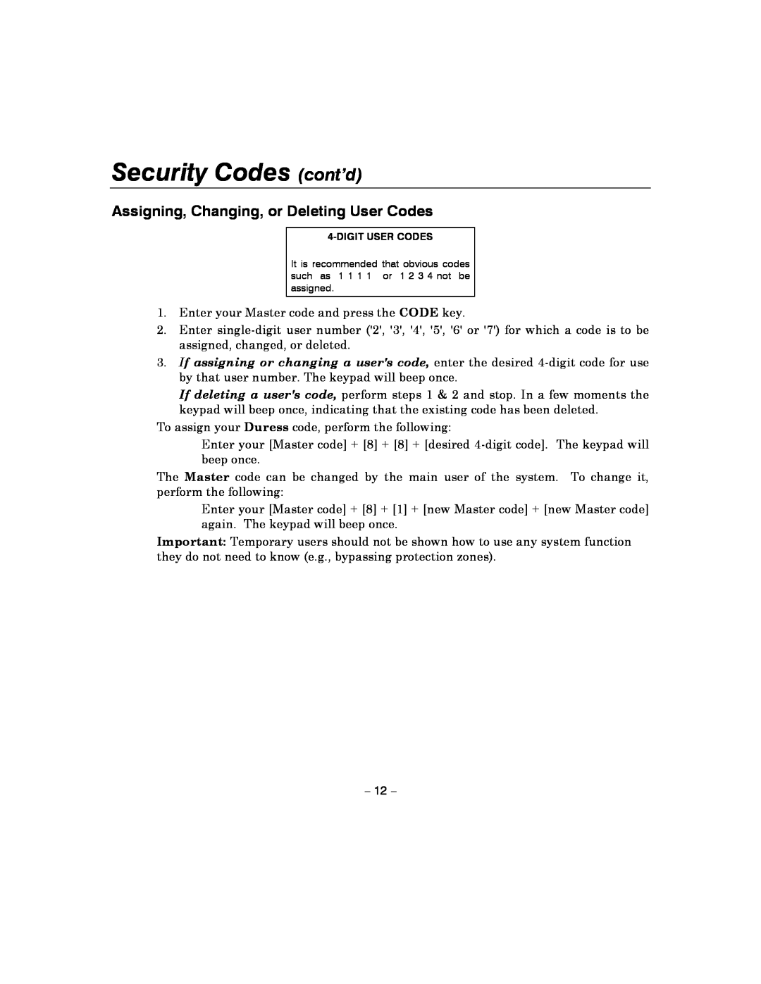 Honeywell 4110XM manual Security Codes cont’d, Assigning, Changing, or Deleting User Codes 
