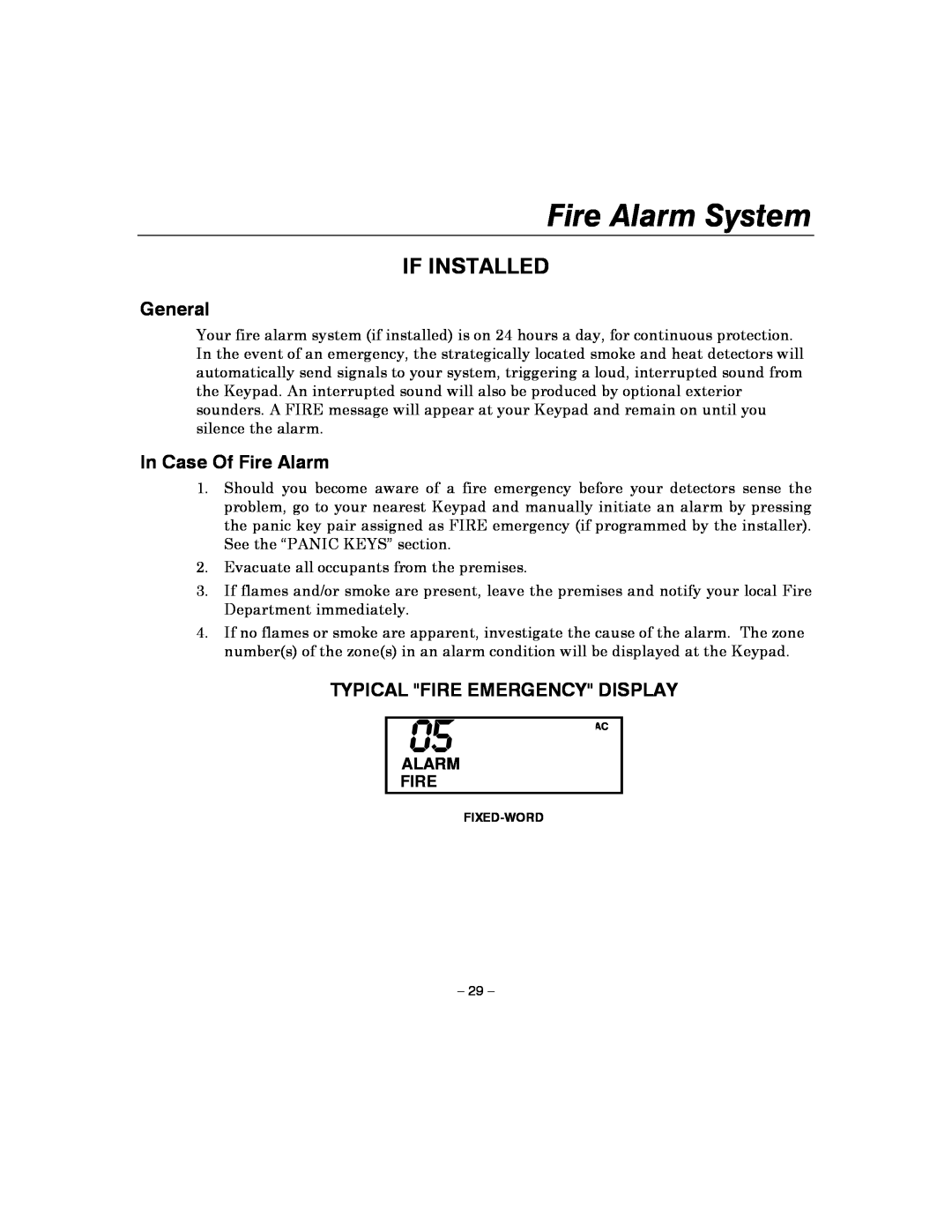 Honeywell 4110XM manual Fire Alarm System, If Installed, In Case Of Fire Alarm, Typical Fire Emergency Display, General 