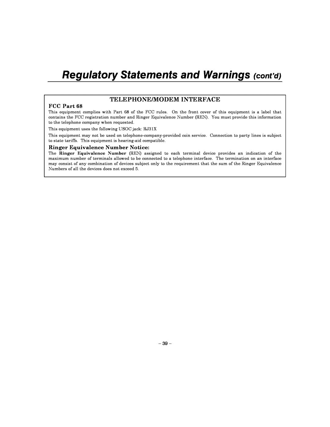 Honeywell 4110XM manual Regulatory Statements and Warnings cont’d, Telephone/Modem Interface 