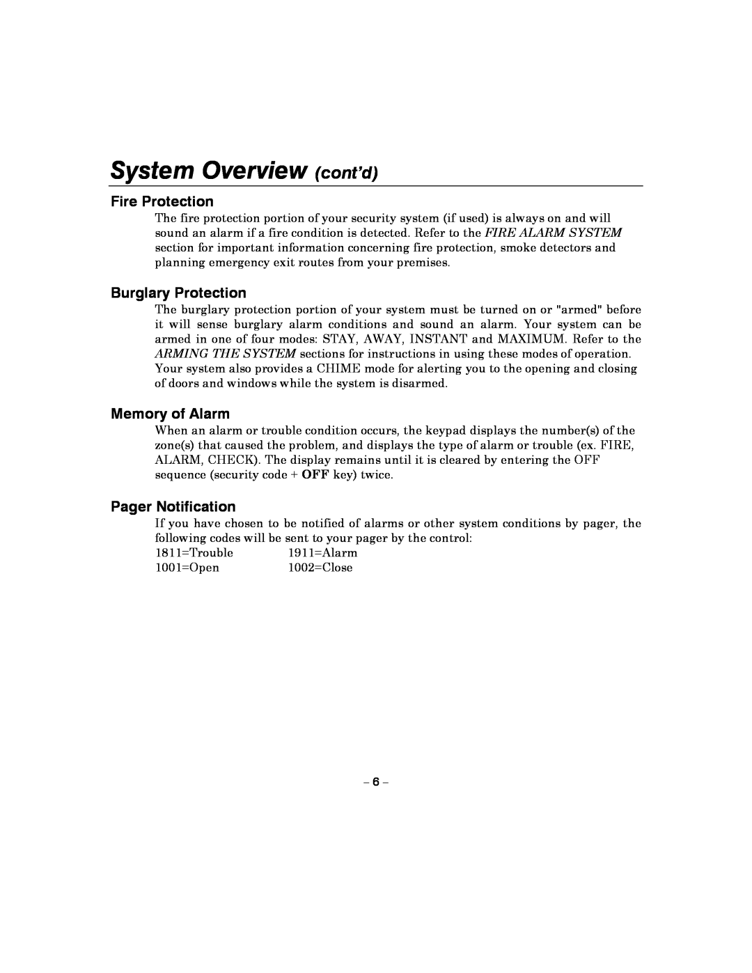 Honeywell 4110XM manual System Overview cont’d, Fire Protection, Burglary Protection, Memory of Alarm, Pager Notification 