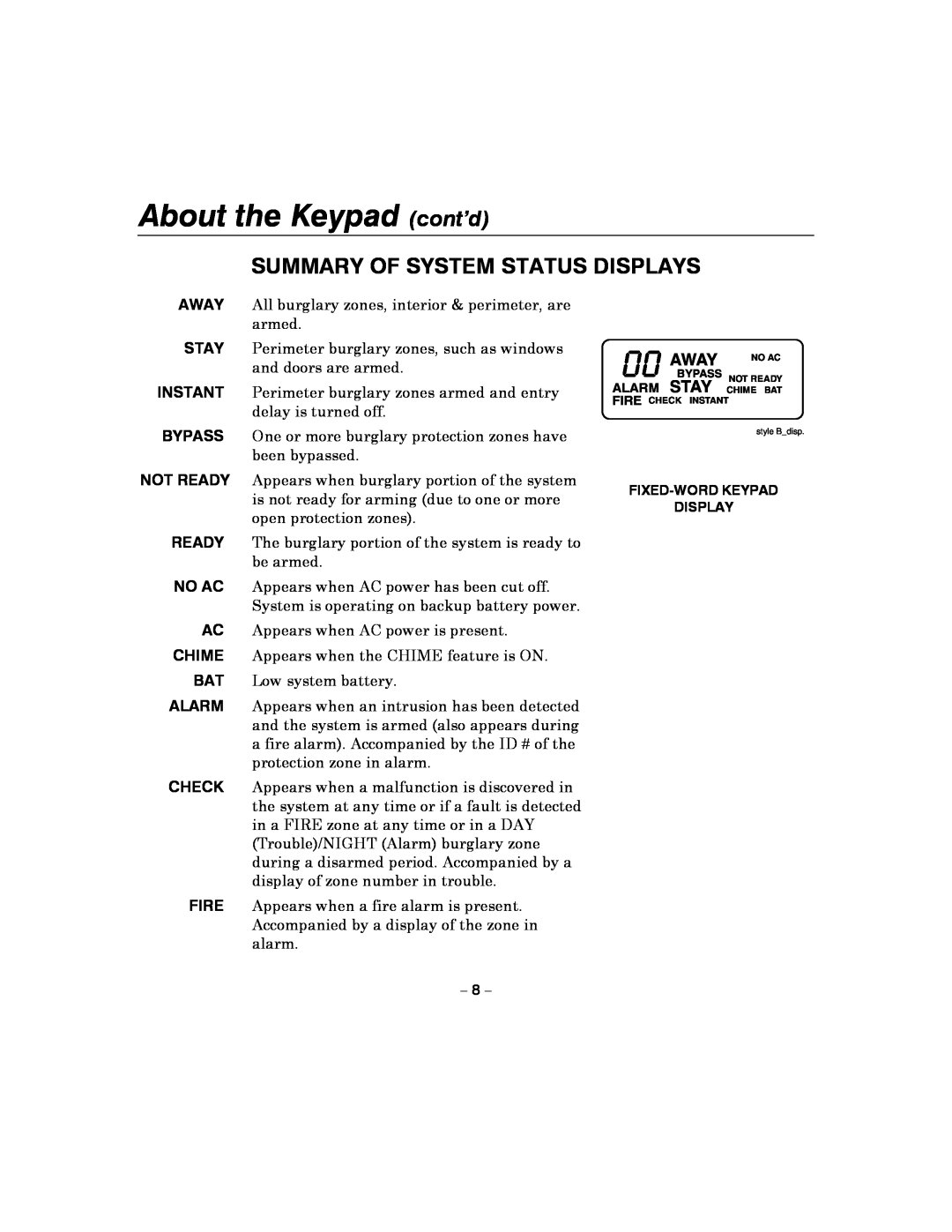 Honeywell 4110XM manual About the Keypad cont’d, Summary Of System Status Displays, Away 