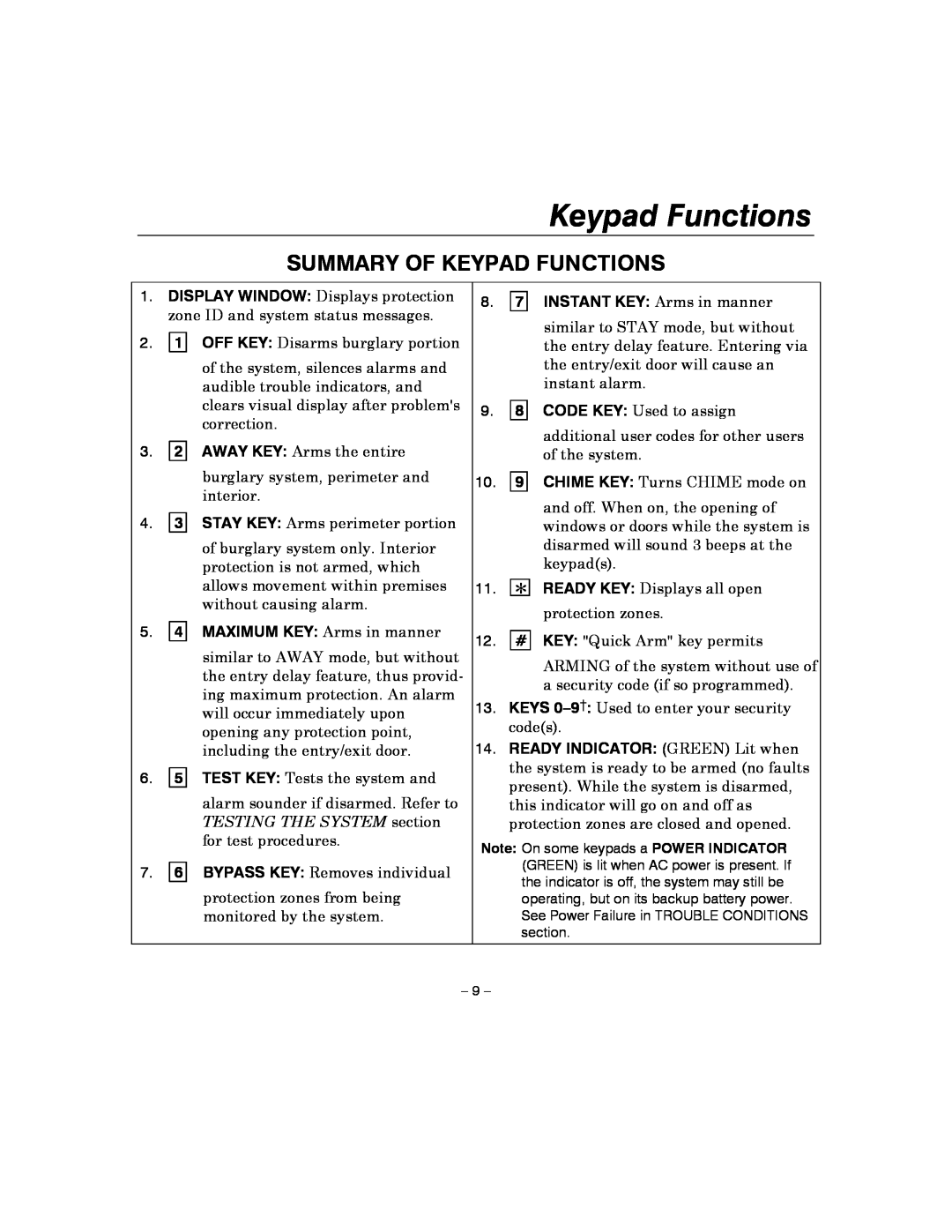 Honeywell 4110XM manual Summary Of Keypad Functions 