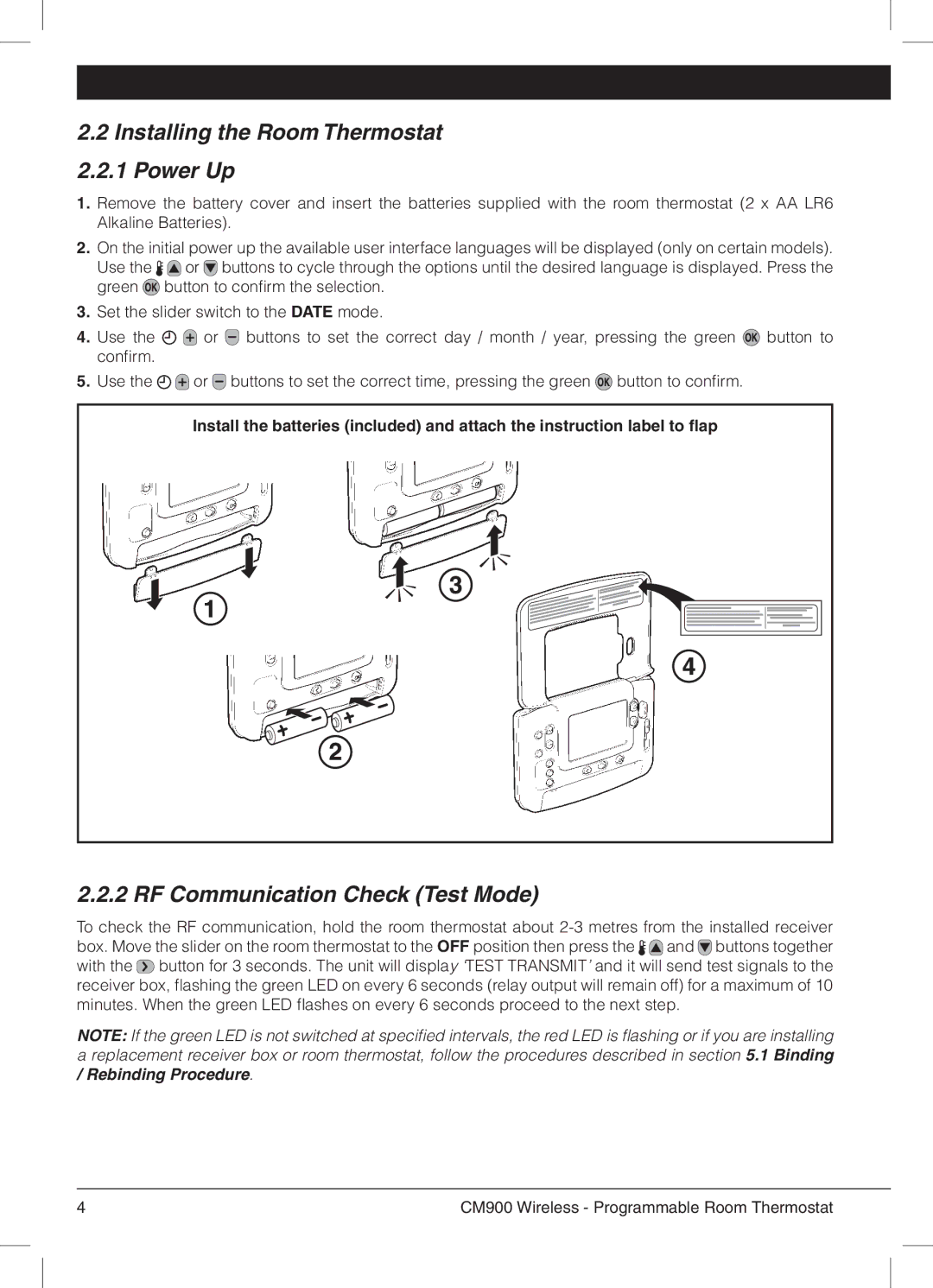 Honeywell 42011076-003 manual Installing the Room Thermostat 2.2.1 Power Up, RF Communication Check Test Mode 