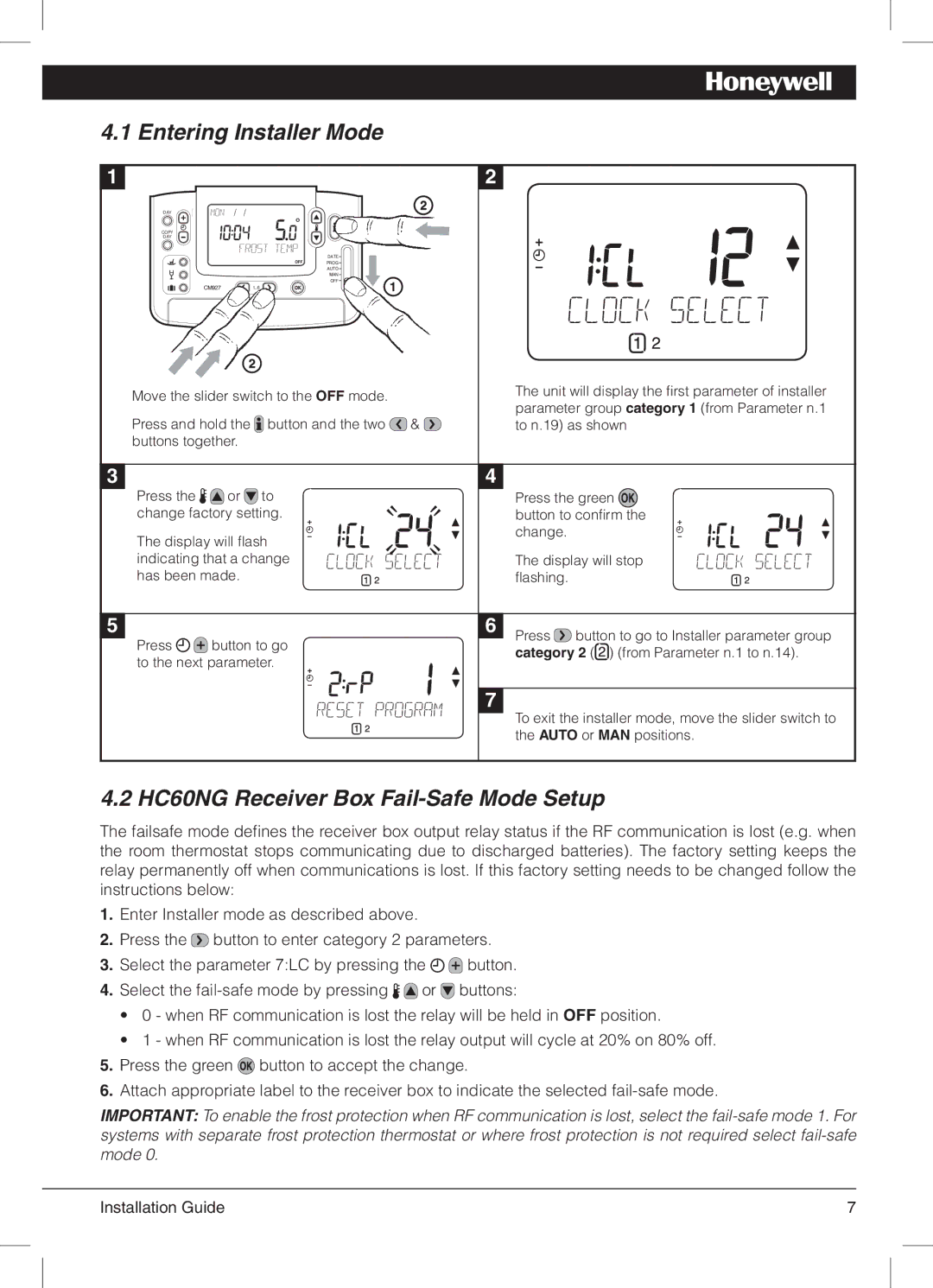 Honeywell 42011076-003 manual Entering Installer Mode, HC60NG Receiver Box Fail-Safe Mode Setup 