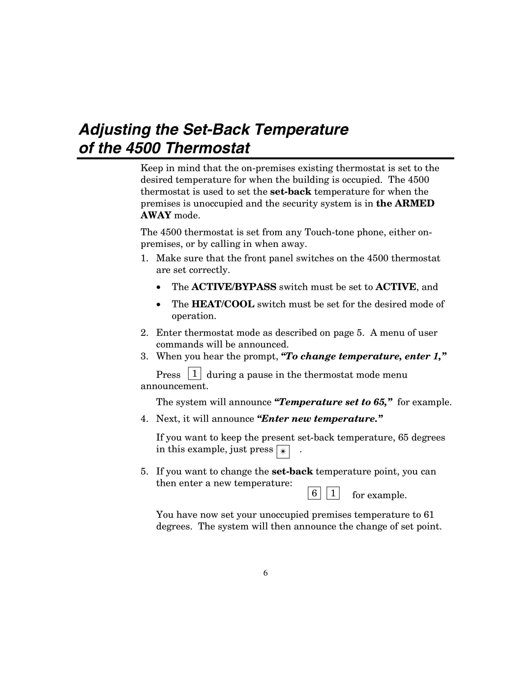 Honeywell manual Adjusting the Set-Back Temperature of the 4500 Thermostat 