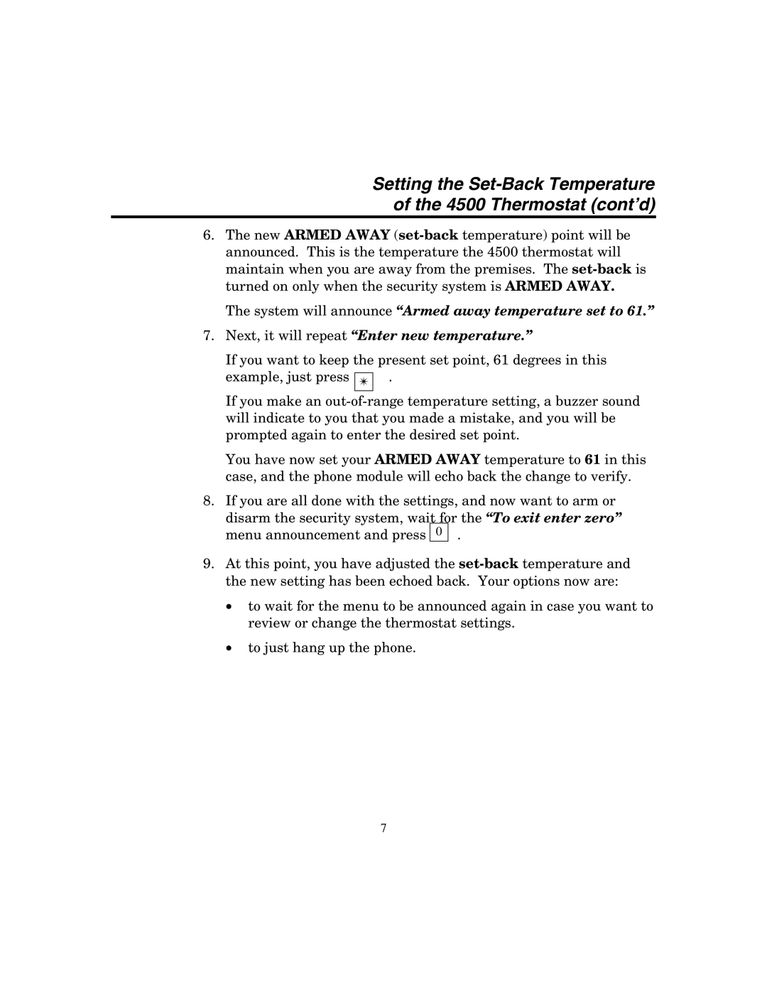 Honeywell manual Setting the Set-Back Temperature 4500 Thermostat cont’d 