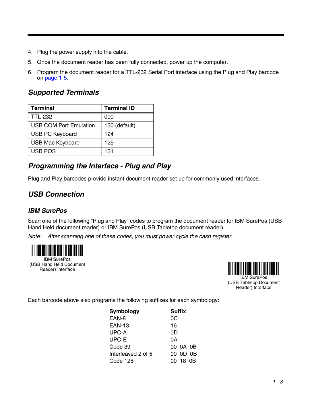 Honeywell 4800dr manual Supported Terminals, Programming the Interface Plug and Play, USB Connection, IBM SurePos 