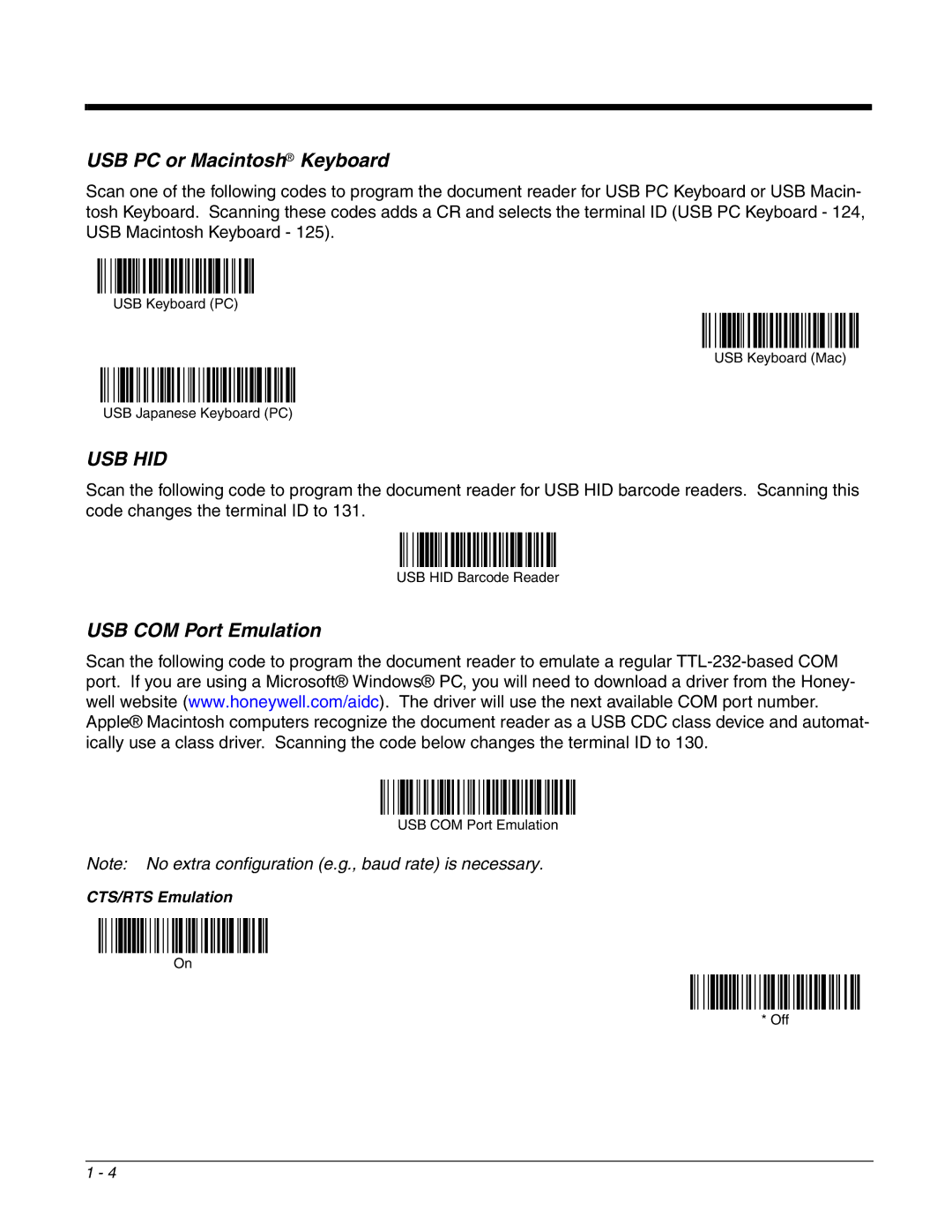 Honeywell 4800dr manual USB PC or Macintosh Keyboard, USB COM Port Emulation 