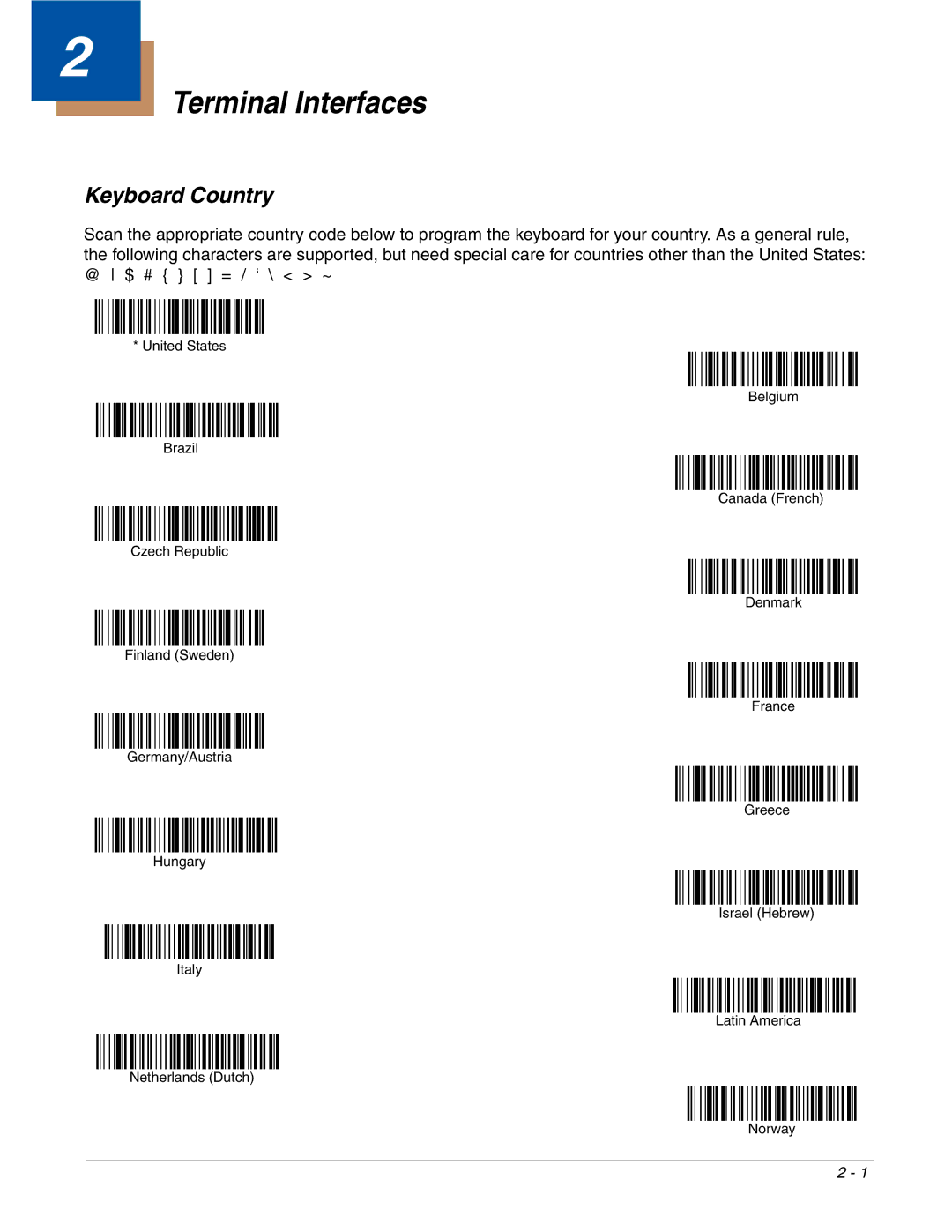 Honeywell 4800dr manual Terminal Interfaces, Keyboard Country 