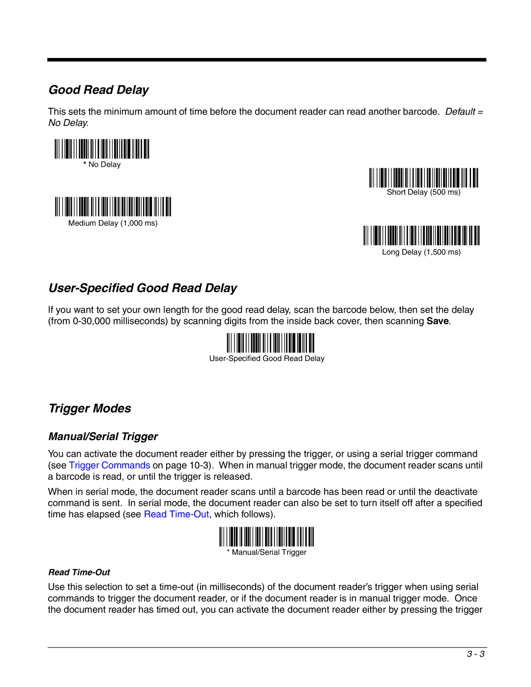 Honeywell 4800dr manual User-Specified Good Read Delay, Trigger Modes, Manual/Serial Trigger 