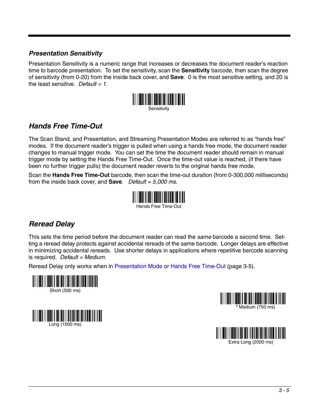 Honeywell 4800dr manual Hands Free Time-Out, Reread Delay, Presentation Sensitivity 