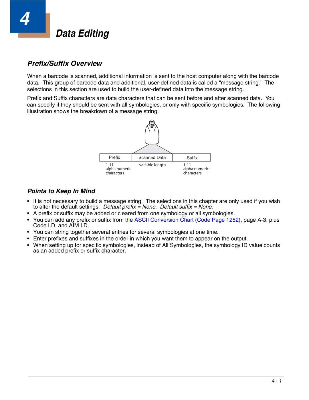 Honeywell 4800dr manual Data Editing, Prefix/Suffix Overview, Points to Keep In Mind 