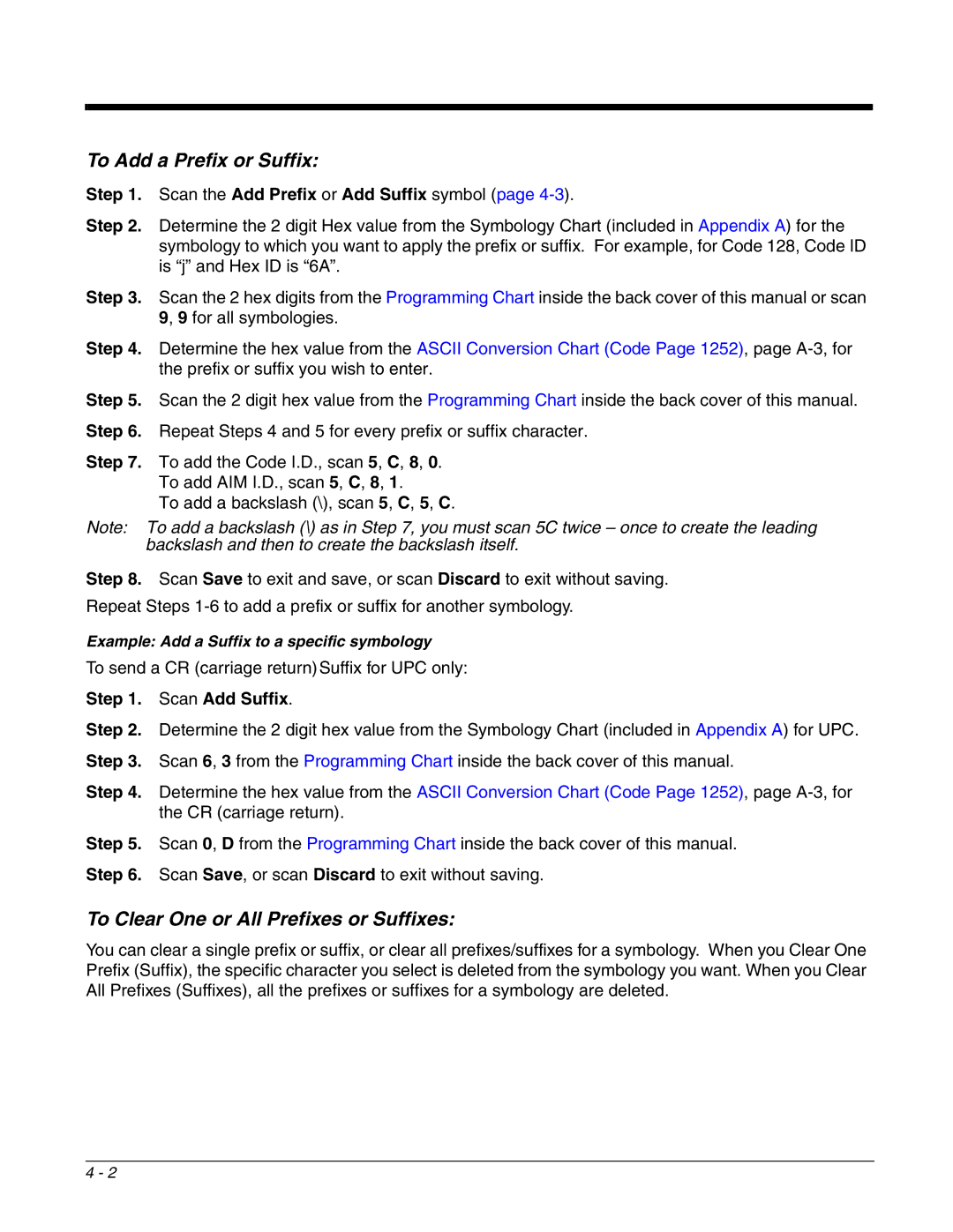 Honeywell 4800dr manual To Add a Prefix or Suffix, To Clear One or All Prefixes or Suffixes, Scan Add Suffix 