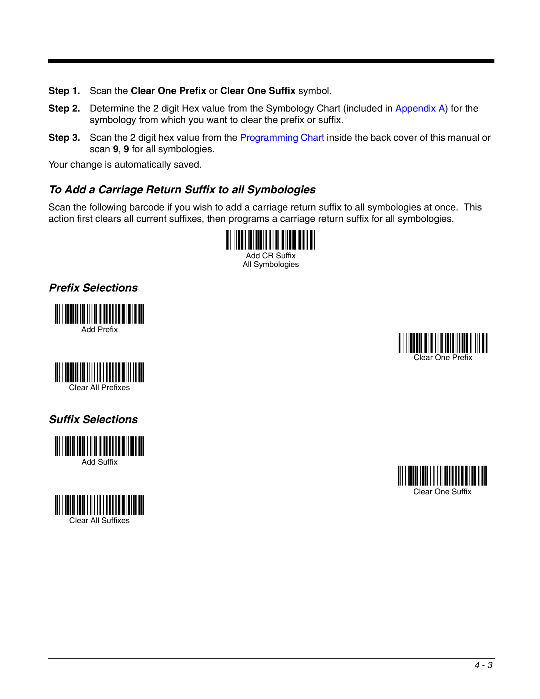 Honeywell 4800dr manual To Add a Carriage Return Suffix to all Symbologies, Prefix Selections, Suffix Selections 