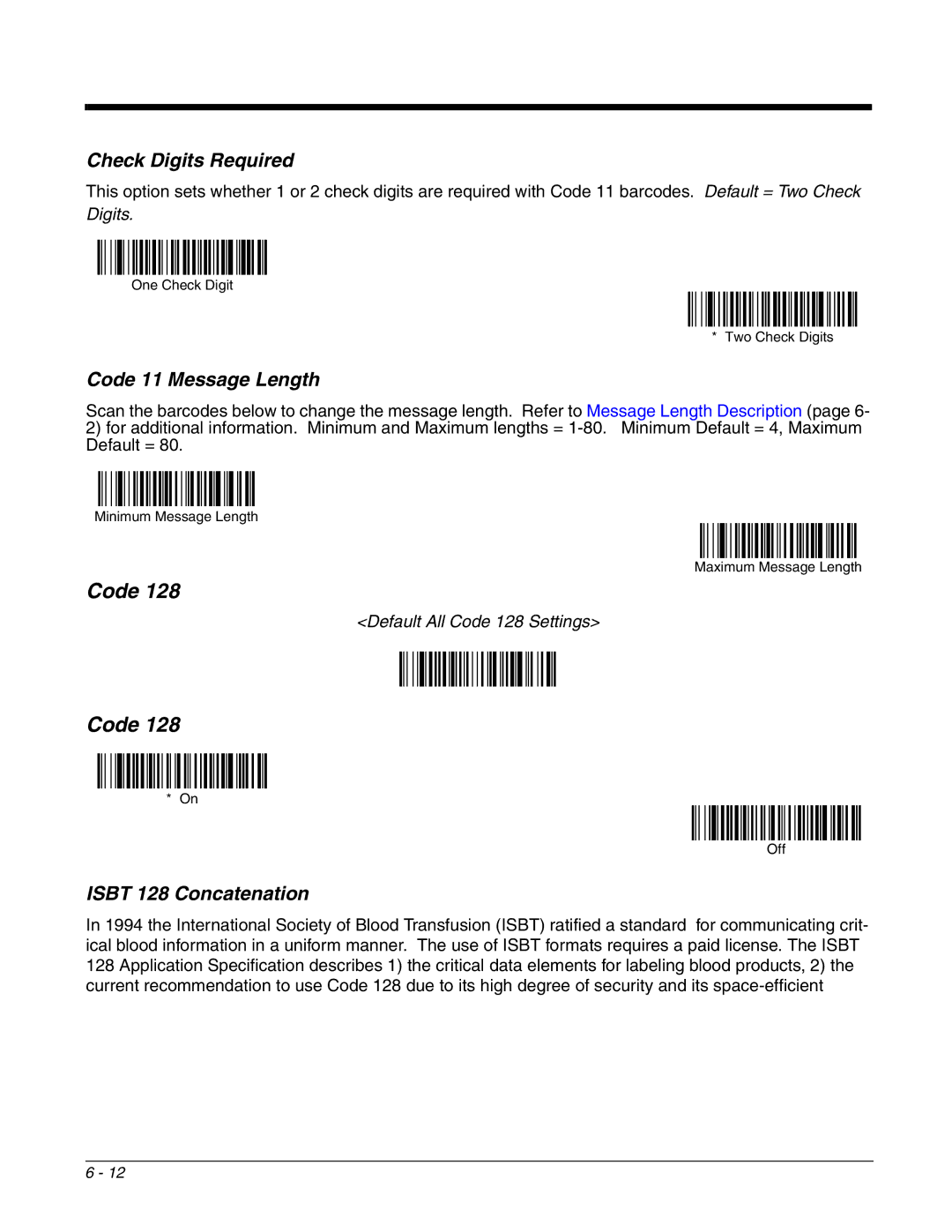 Honeywell 4800dr manual Check Digits Required, Code 11 Message Length, Isbt 128 Concatenation 