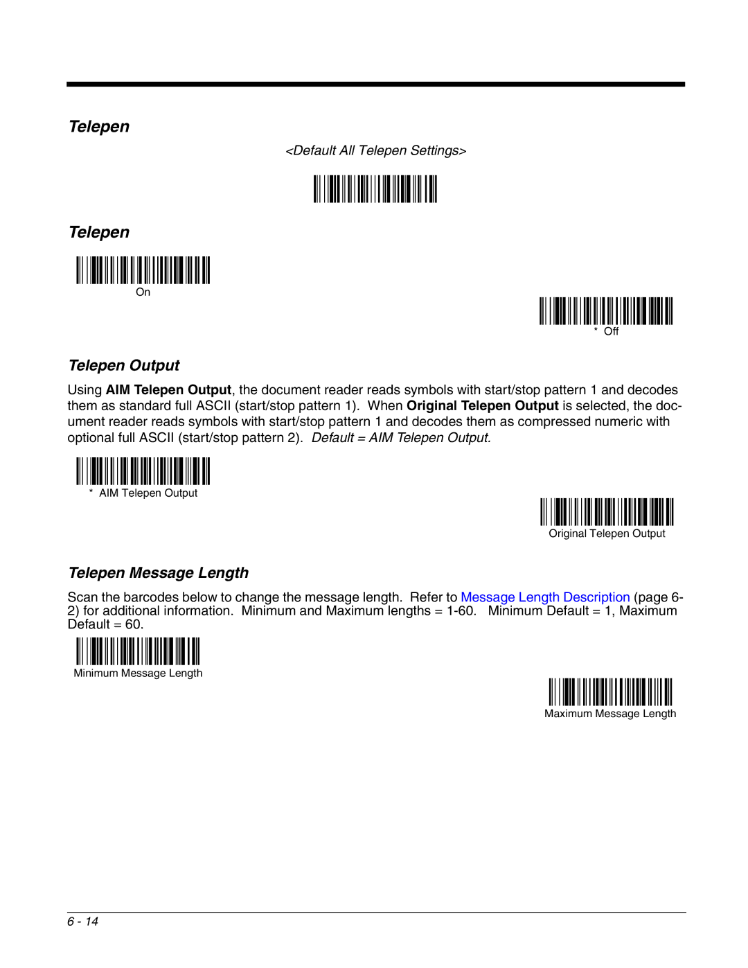 Honeywell 4800dr manual Telepen Output, Telepen Message Length 