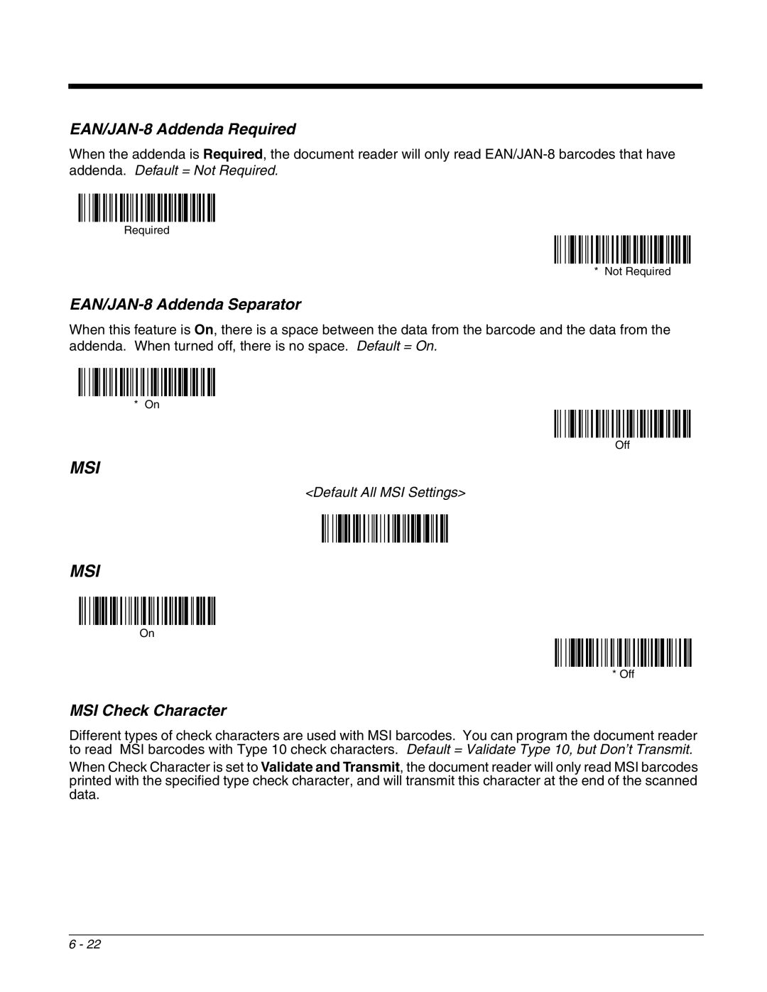 Honeywell 4800dr manual EAN/JAN-8 Addenda Required, EAN/JAN-8 Addenda Separator, MSI Check Character 