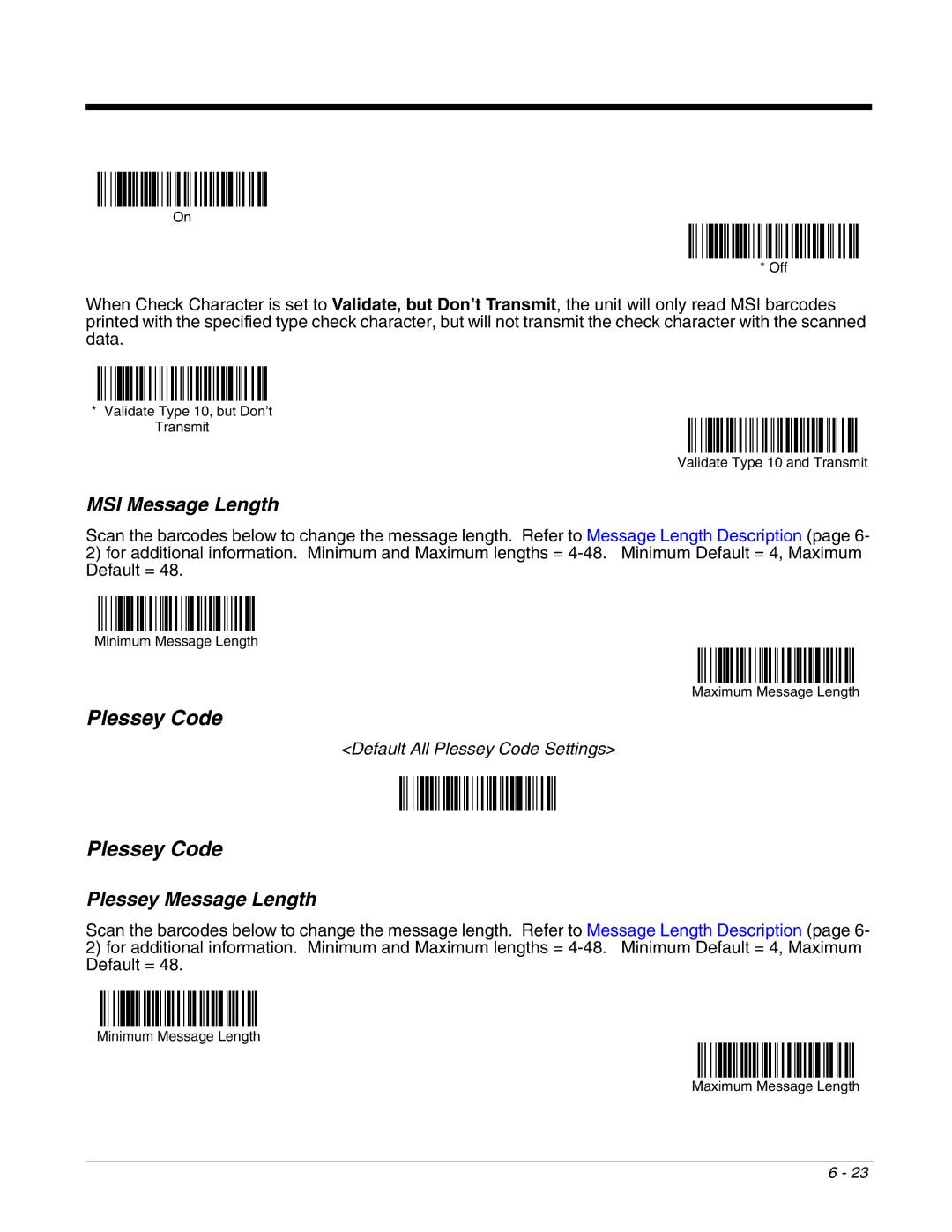 Honeywell 4800dr manual MSI Message Length, Plessey Message Length 