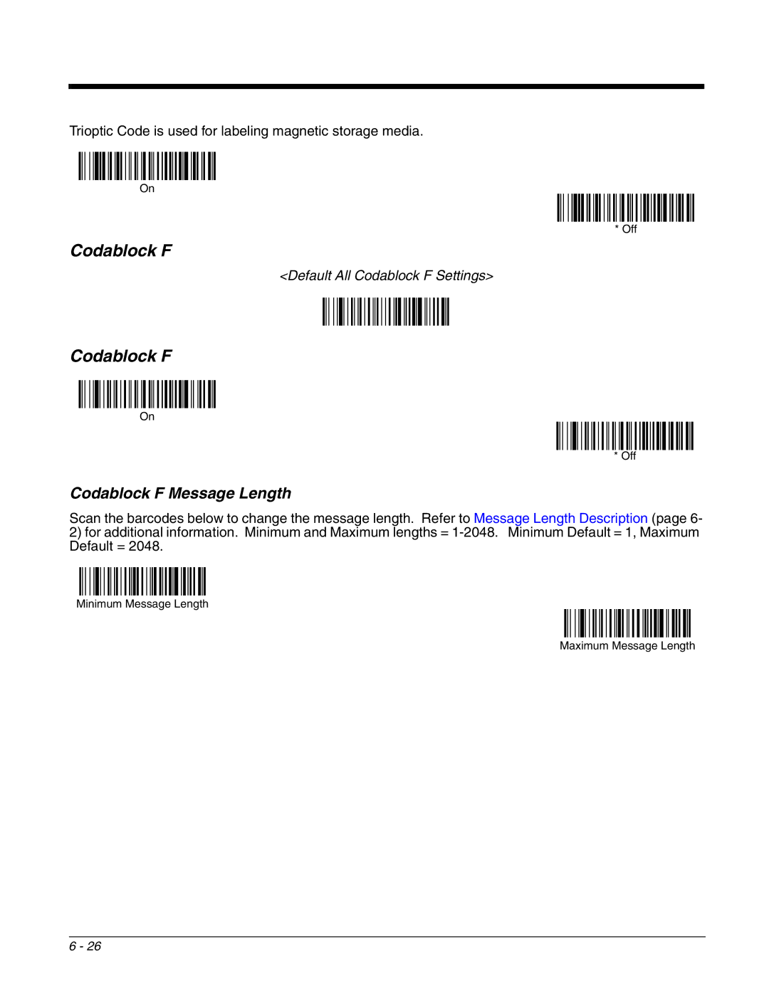 Honeywell 4800dr manual Codablock F Message Length 