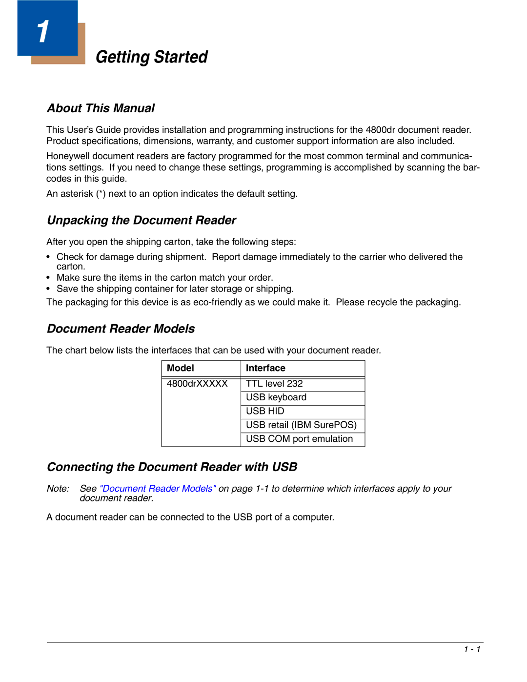 Honeywell 4800dr manual Getting Started, About This Manual, Unpacking the Document Reader, Document Reader Models 