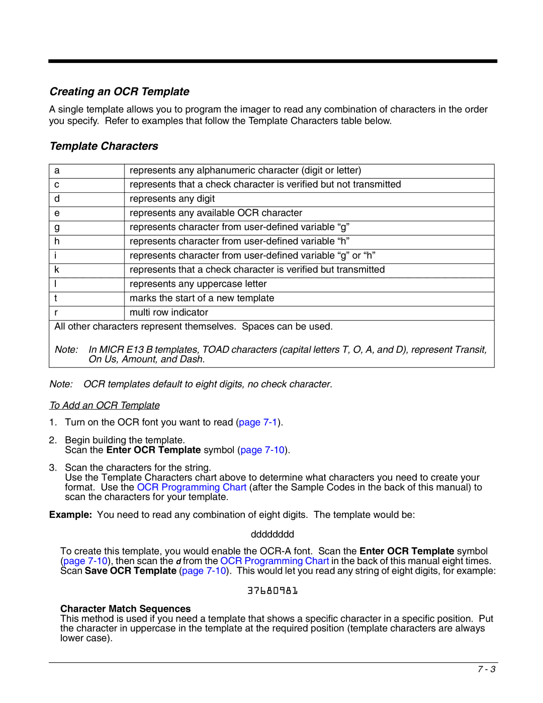 Honeywell 4800dr manual Creating an OCR Template, Template Characters 