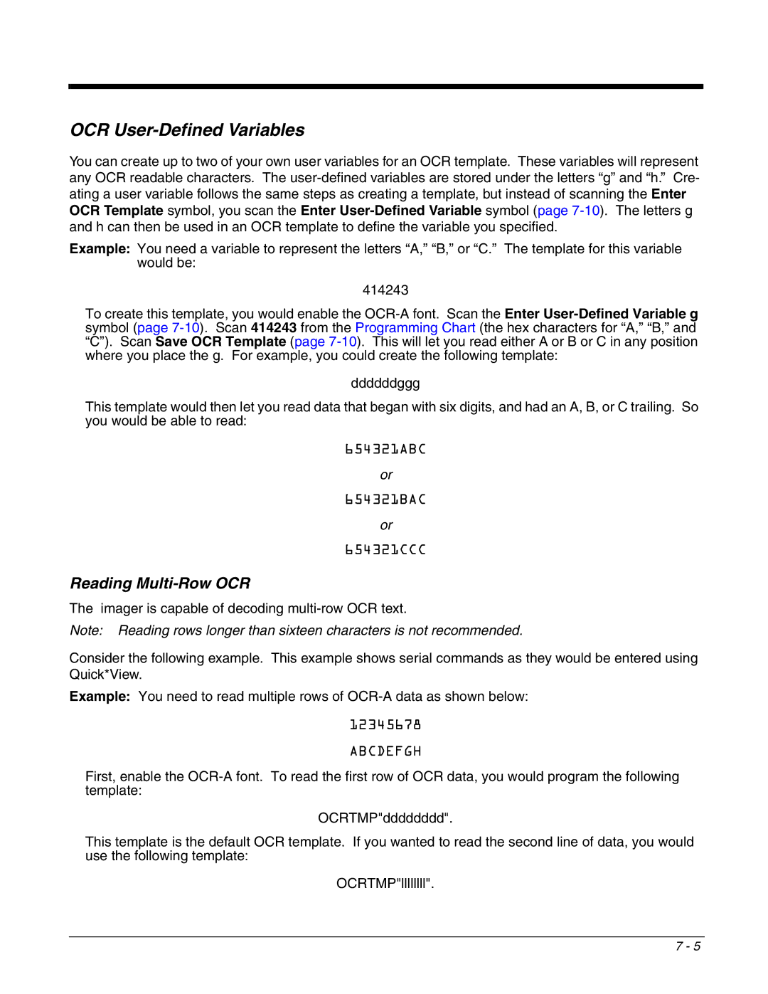 Honeywell 4800dr manual OCR User-Defined Variables, Reading Multi-Row OCR 