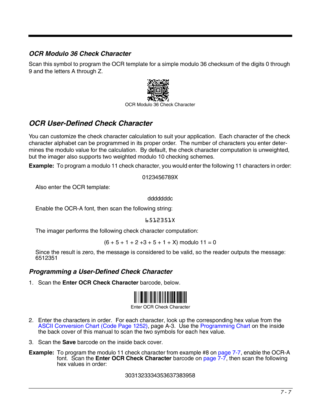 Honeywell 4800dr manual OCR User-Defined Check Character, OCR Modulo 36 Check Character 