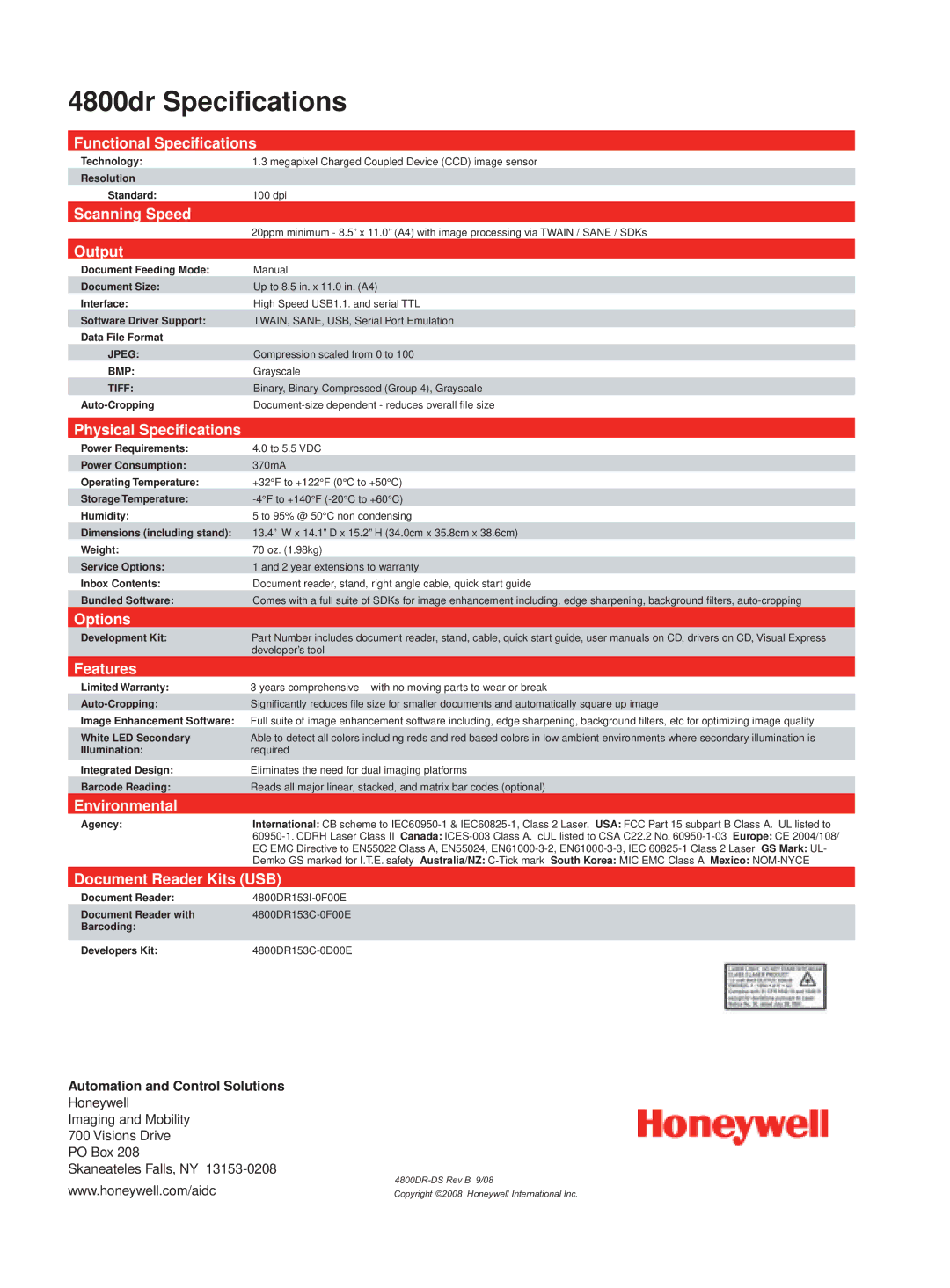 Honeywell 4800dr warranty Functional Speciﬁcations, Scanning Speed, Output, Physical Speciﬁcations, Options, Features 