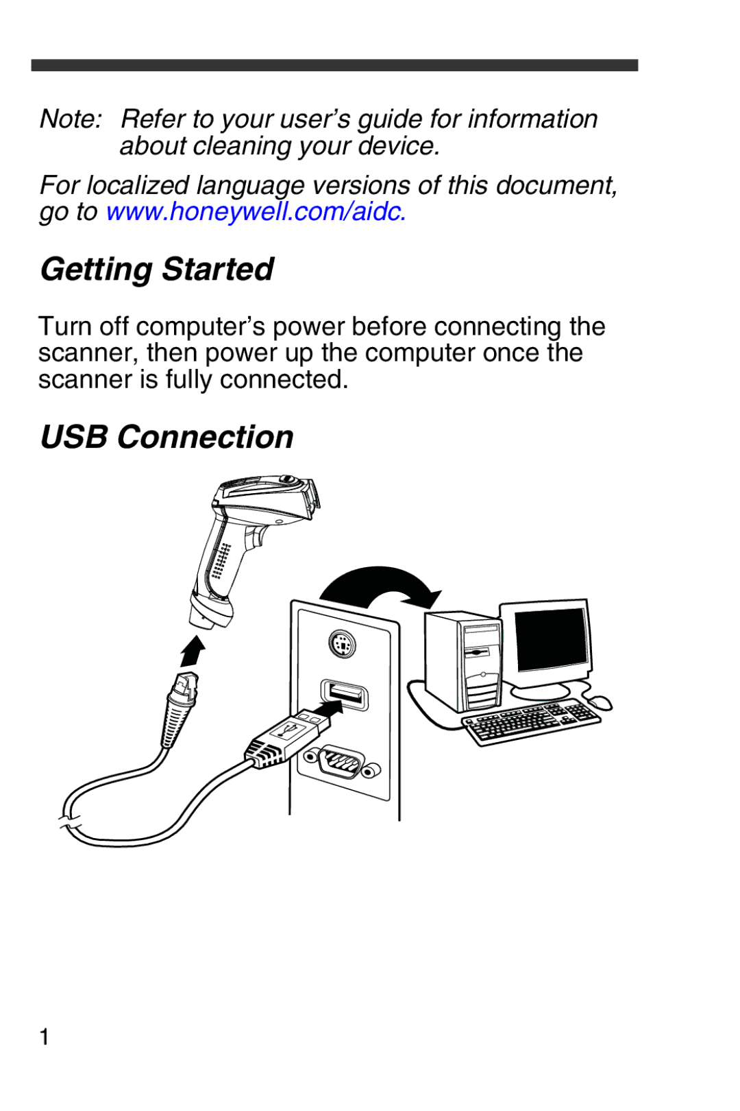 Honeywell 4600rp, 4800i, 4600g quick start Getting Started, USB Connection 